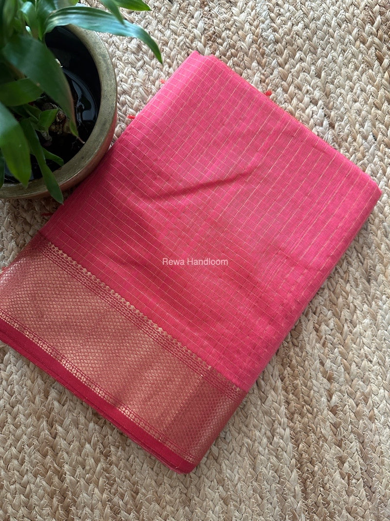 Maheshwari Carrot Red Zari Checks Saree ZCHX418