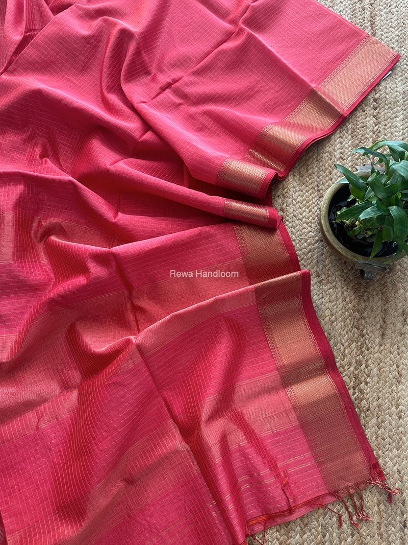 Maheshwari Carrot Red Zari Checks Saree ZCHX418