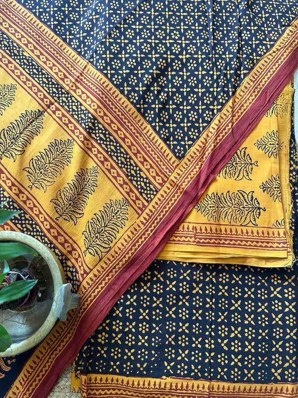 Yellow-Black Bagh Print Cotton Suit-BCS05