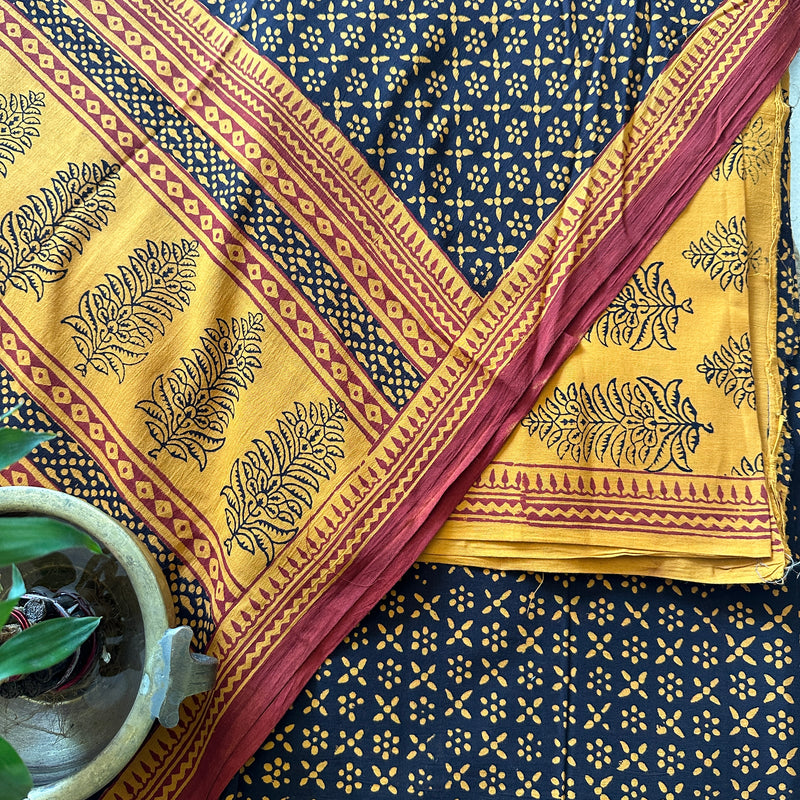 Yellow-Black Bagh Print Cotton Suit-BCS05