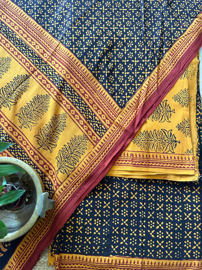 Yellow-Black Bagh Print Cotton Suit-BCS05