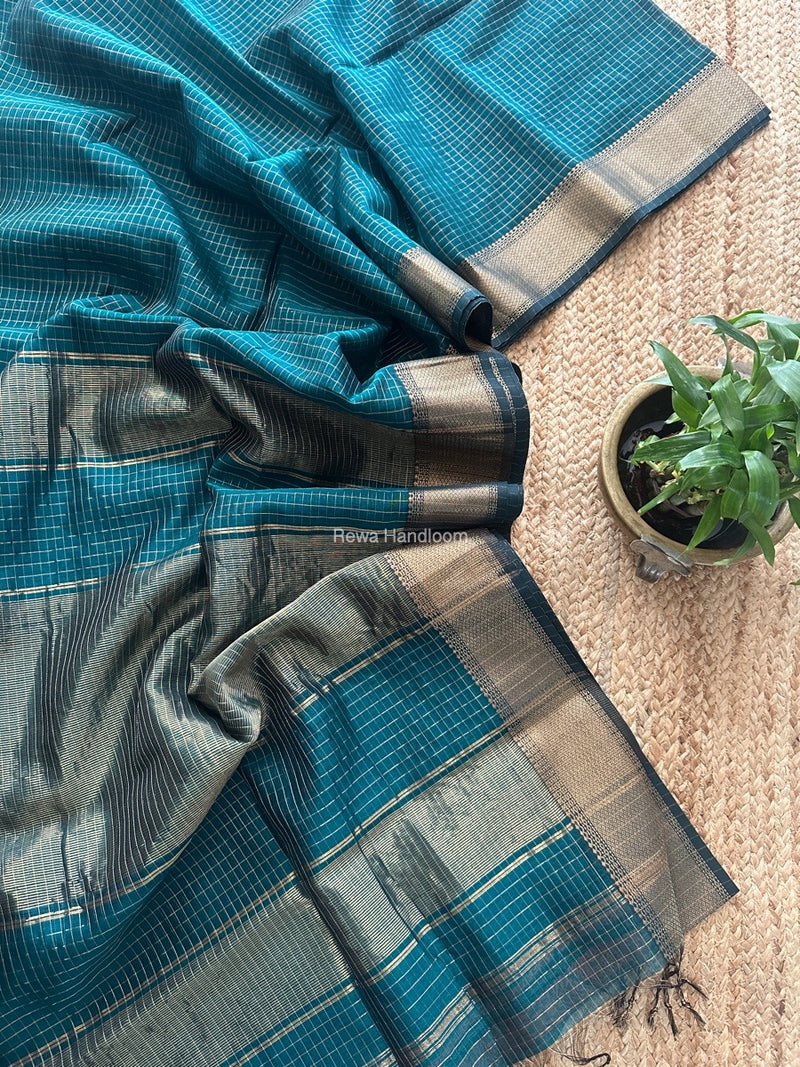 Maheshwari Rama Green Zari Checks Saree ZCHX421