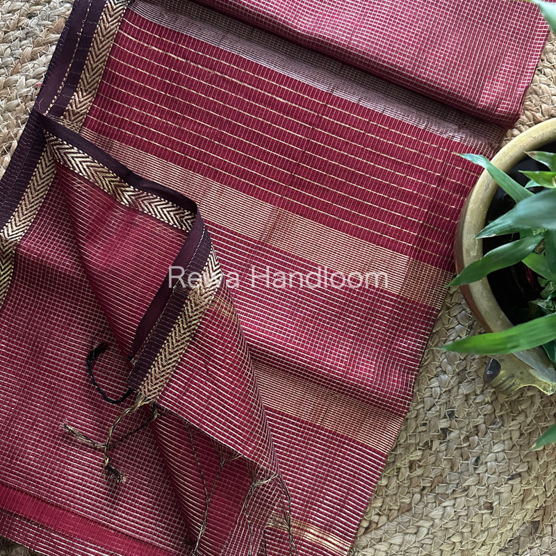 Maheshwari Maroon Tissue Silk Saree-TCB004
