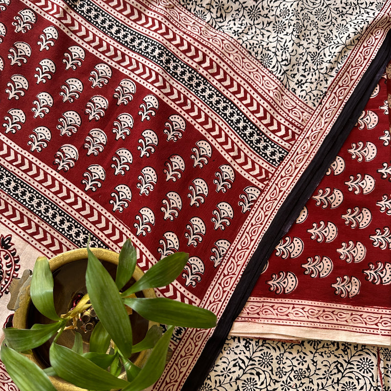 Red-White Bagh Print Cotton Suit-BCS07