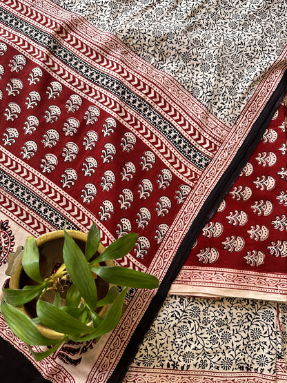 Red-White Bagh Print Cotton Suit-BCS07