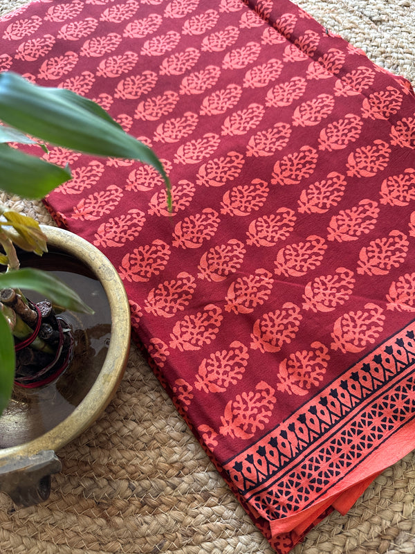 Red-Peach Bagh Print Cotton Suit-BCS08