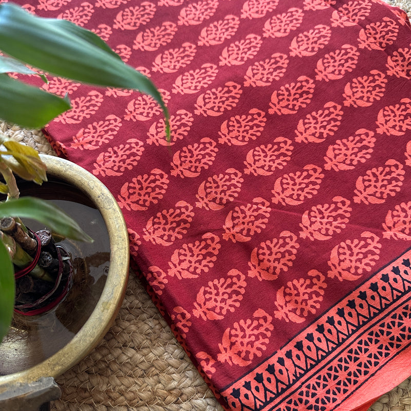 Red-Peach Bagh Print Cotton Suit-BCS08