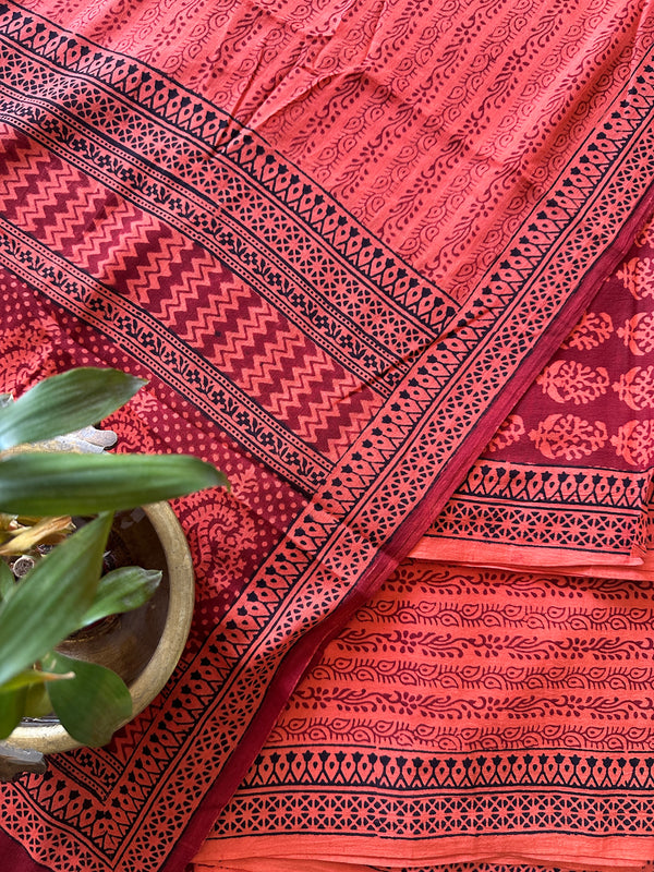 Red-Peach Bagh Print Cotton Suit-BCS08