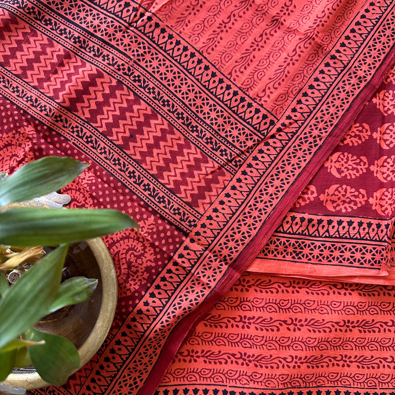 Red-Peach Bagh Print Cotton Suit-BCS08
