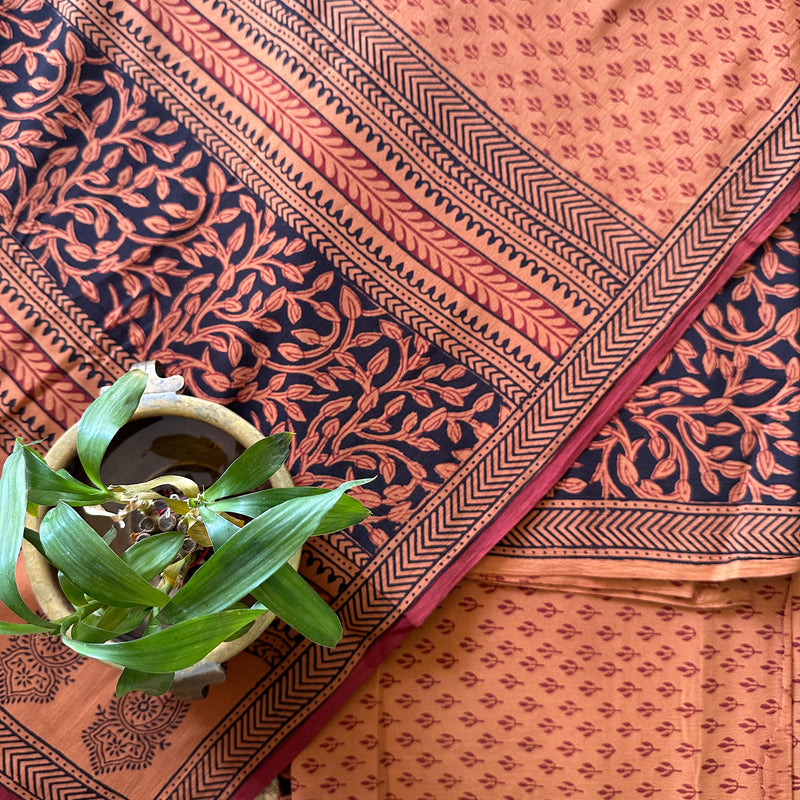 Black-Orange Bagh Print Cotton Suit-BCS09