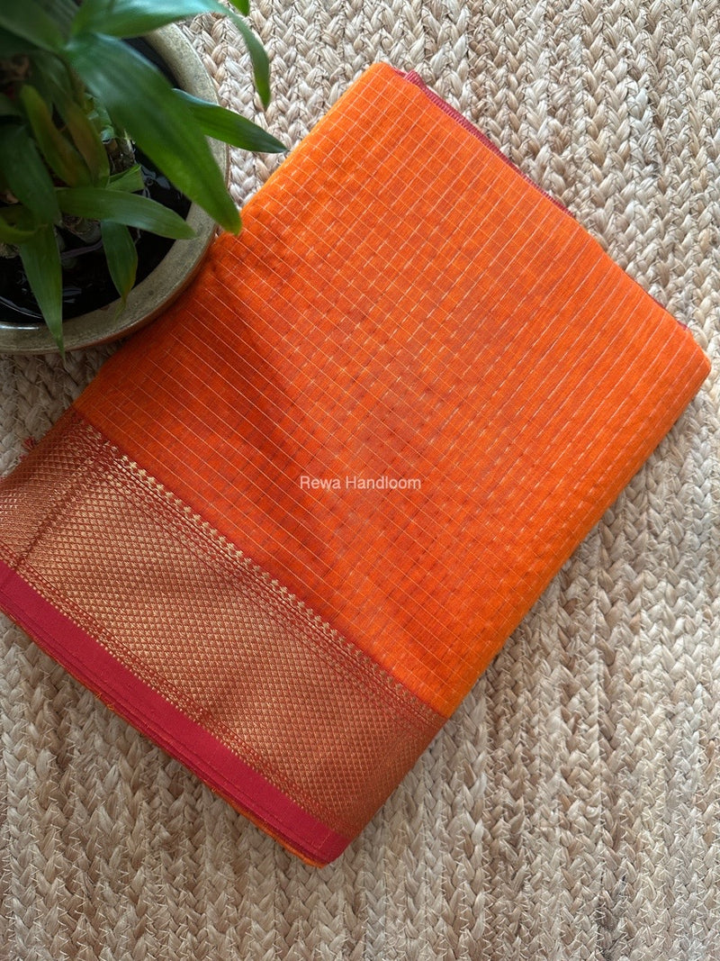 Maheshwari Orange Zari Checks Saree ZCHX425