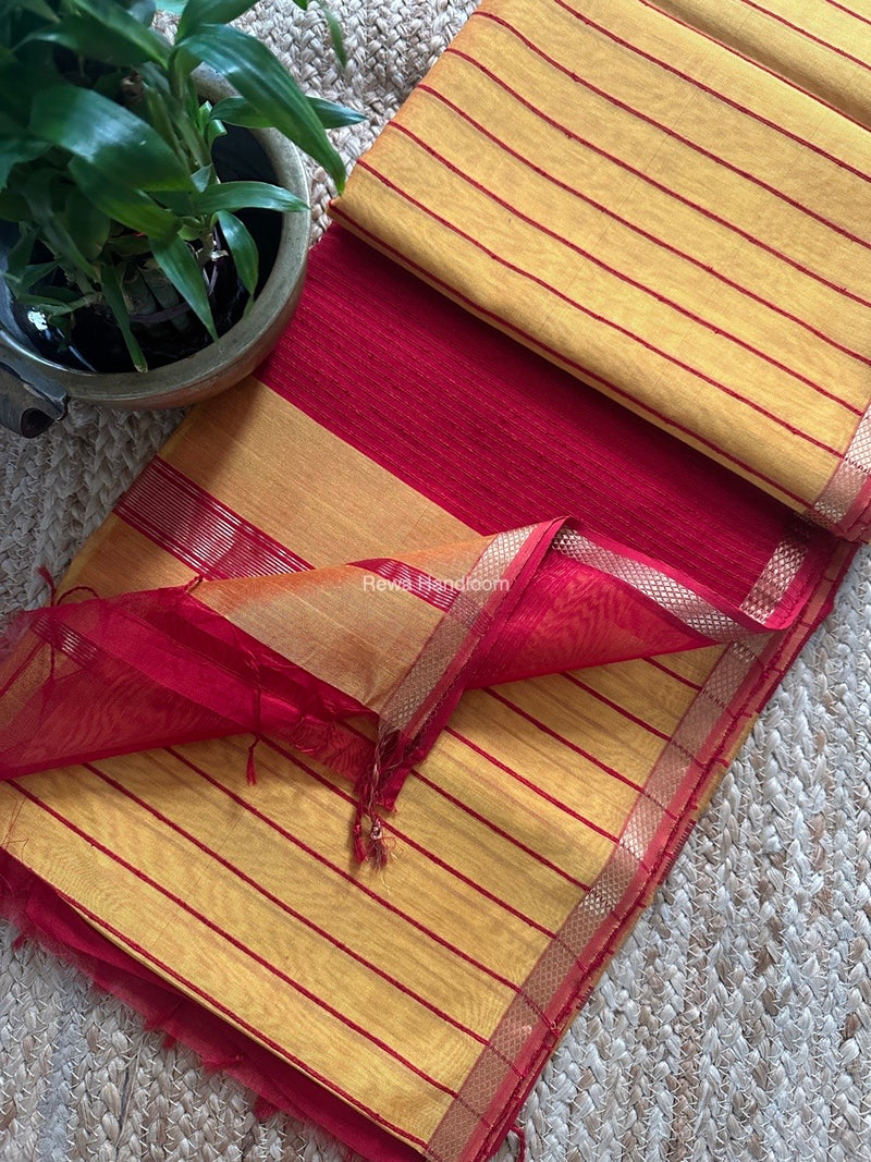Maheshwari Mustard Yellow Gichha Thread Lining Saree GTLS022