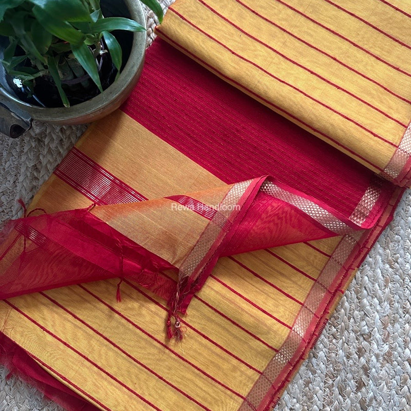 Maheshwari Mustard Yellow Gichha Thread Lining Saree GTLS022