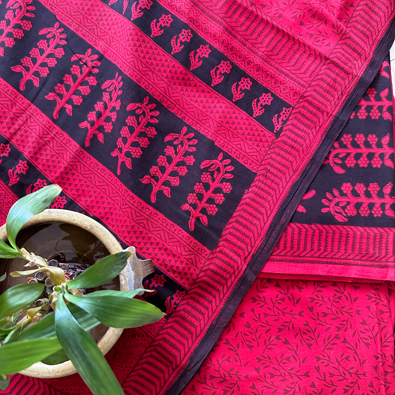 Red-Black Bagh Print Cotton Suit-BCS12