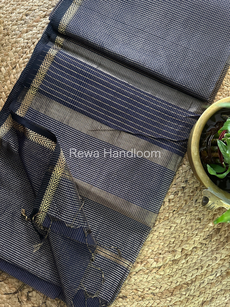 Maheshwari Navy Blue Tissue Silk Saree-TCB009