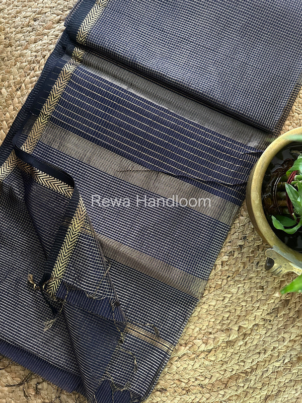 Maheshwari Navy Blue Tissue Silk Saree-TCB009