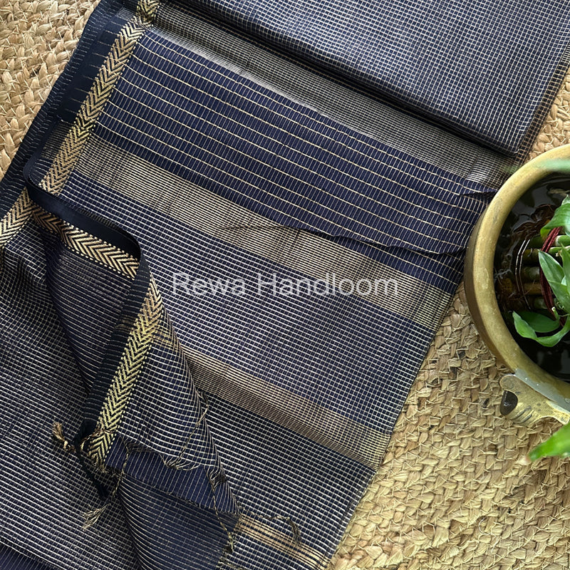 Maheshwari Navy Blue Tissue Silk Saree-TCB009
