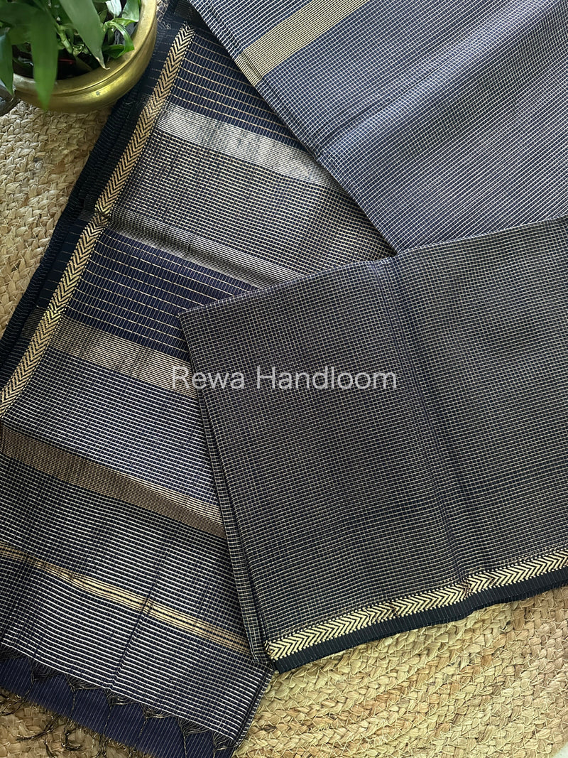 Maheshwari Navy Blue Tissue Silk Saree-TCB009