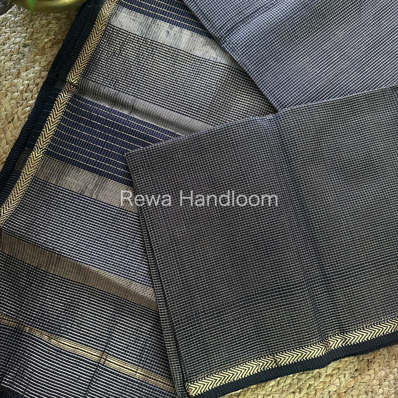 Maheshwari Navy Blue Tissue Silk Saree-TCB009
