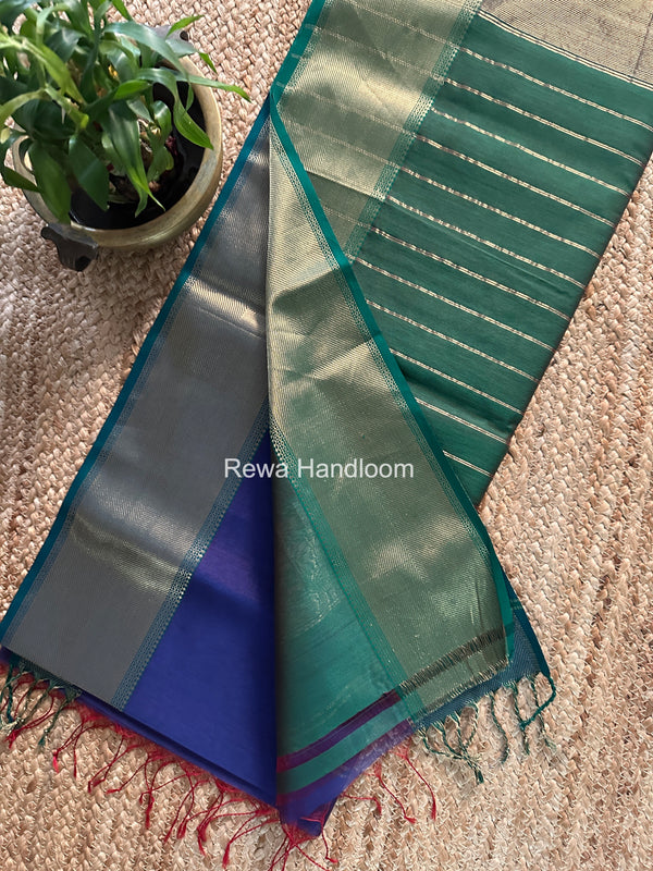 Exclusive Maheshwari Blue Zari Border Saree EZ046