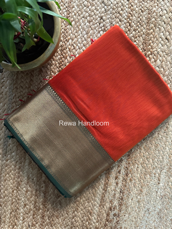 Exclusive Maheshwari Rust Orange Zari Border Saree EZ045