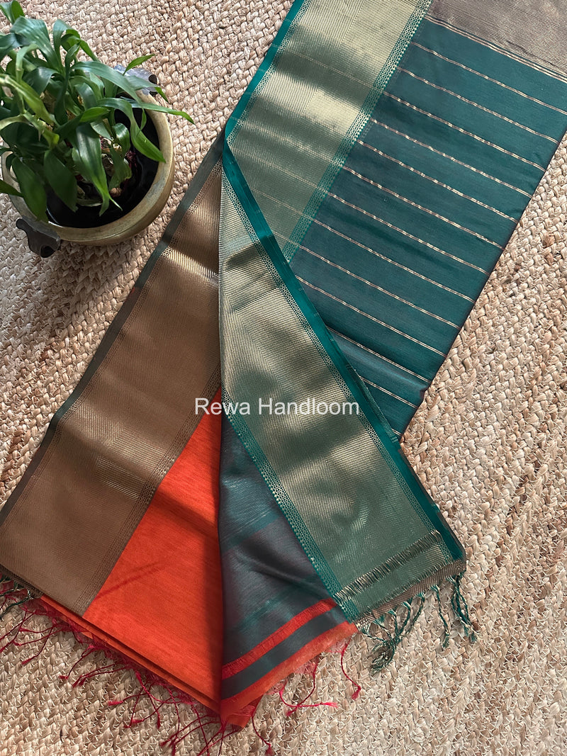 Exclusive Maheshwari Rust Orange Zari Border Saree EZ045