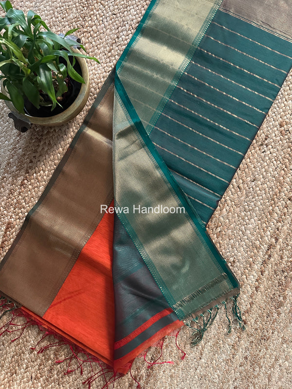Exclusive Maheshwari Rust Orange Zari Border Saree EZ045