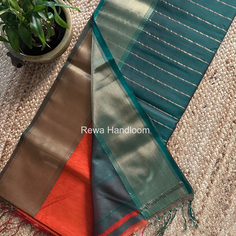 Exclusive Maheshwari Rust Orange Zari Border Saree EZ045