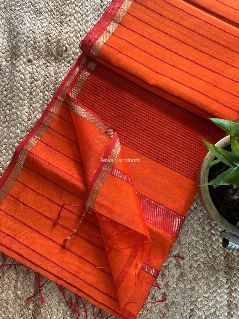Maheshwari Orange Gichha Thread Lining Saree GTLS025