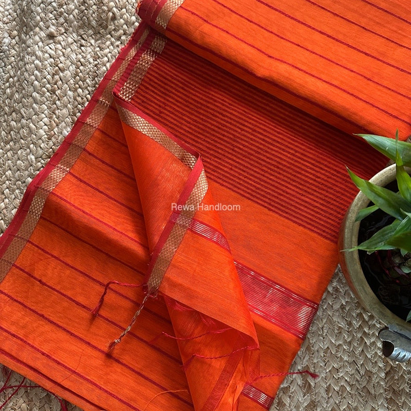 Maheshwari Orange Gichha Thread Lining Saree GTLS025