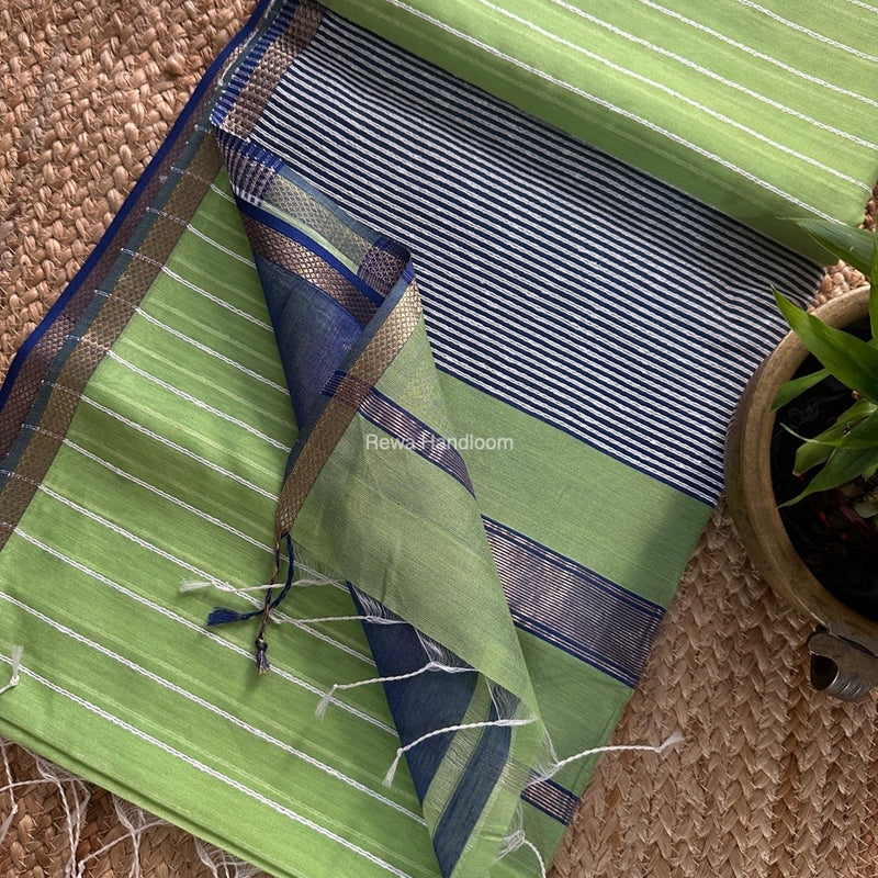 Maheshwari Parrot Green Gichha Thread Lining Saree GTLS026