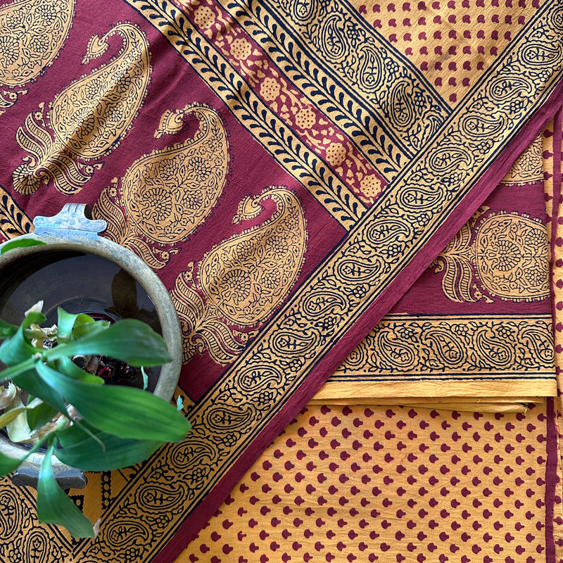 Yellow-Red Bagh Print Cotton Suit with Aami Butta- BCSP15