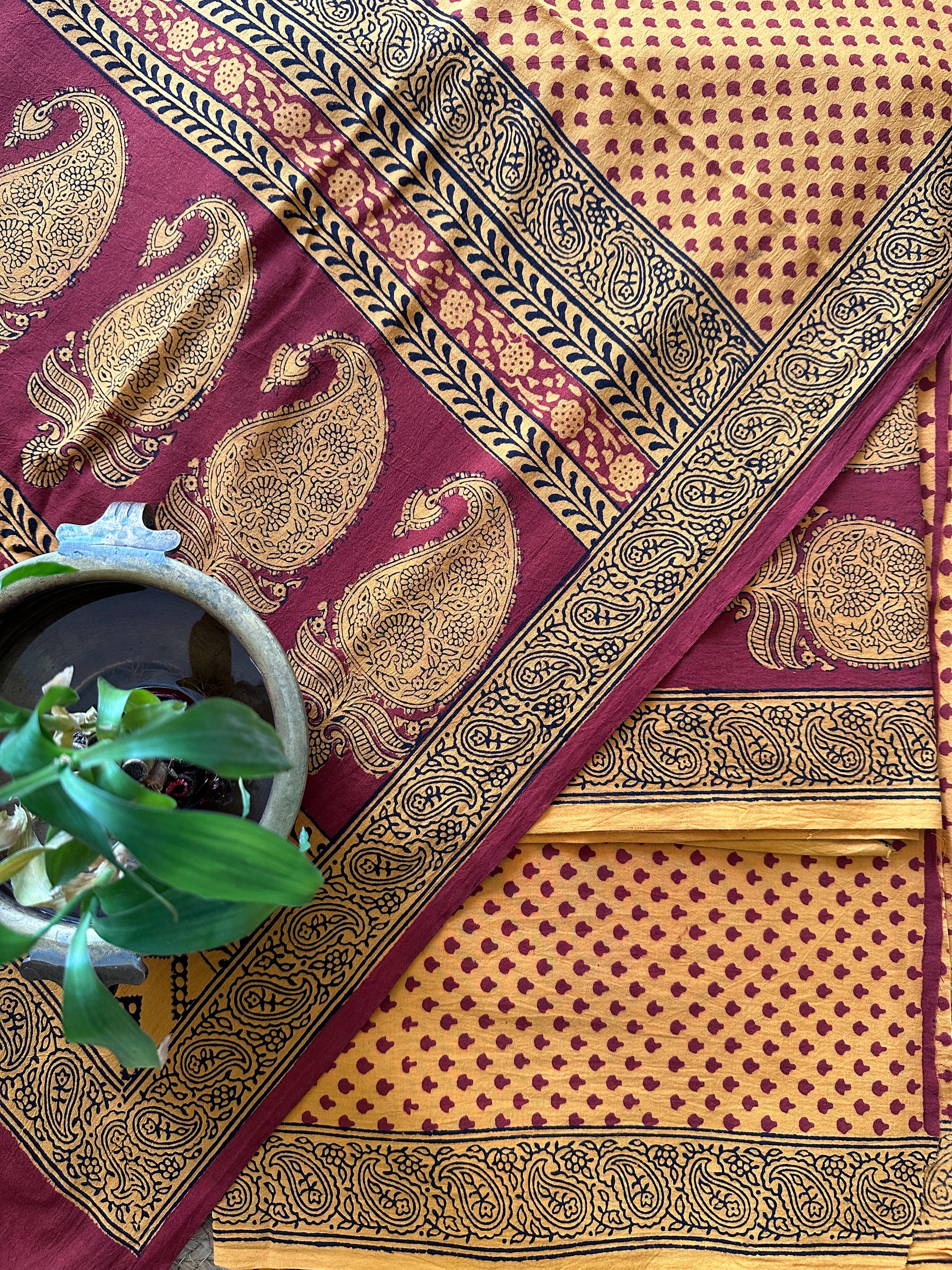 Yellow-Red Bagh Print Cotton Suit with Aami Butta- BCSP15