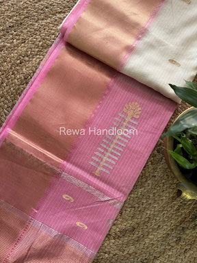 Maheshwari White-Pink Silver Zari Butti Buta Saree-SBP08