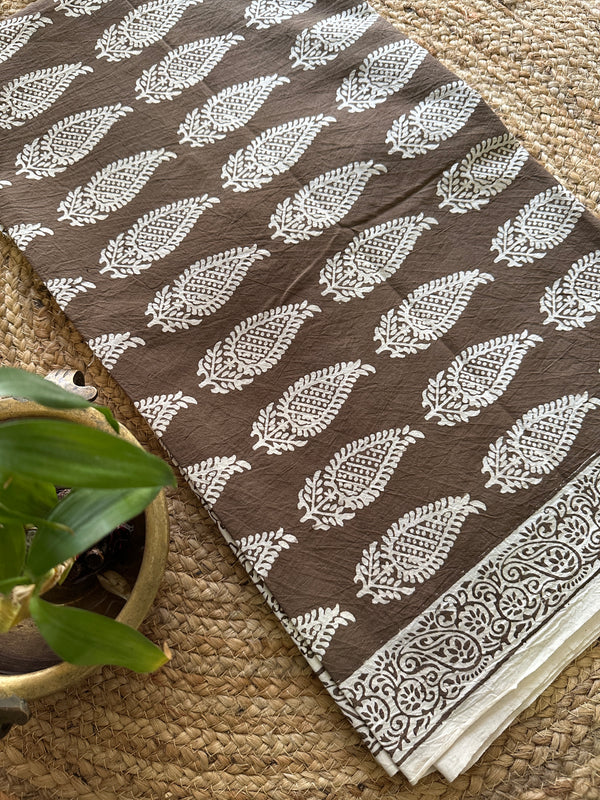 White-Brown Bagh Print Cotton Suit- BCSP17