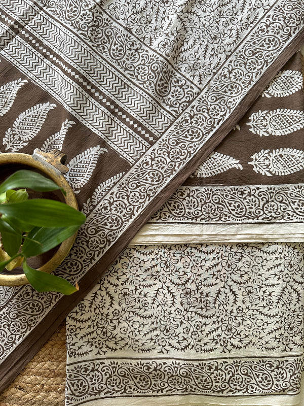 White-Brown Bagh Print Cotton Suit- BCSP17