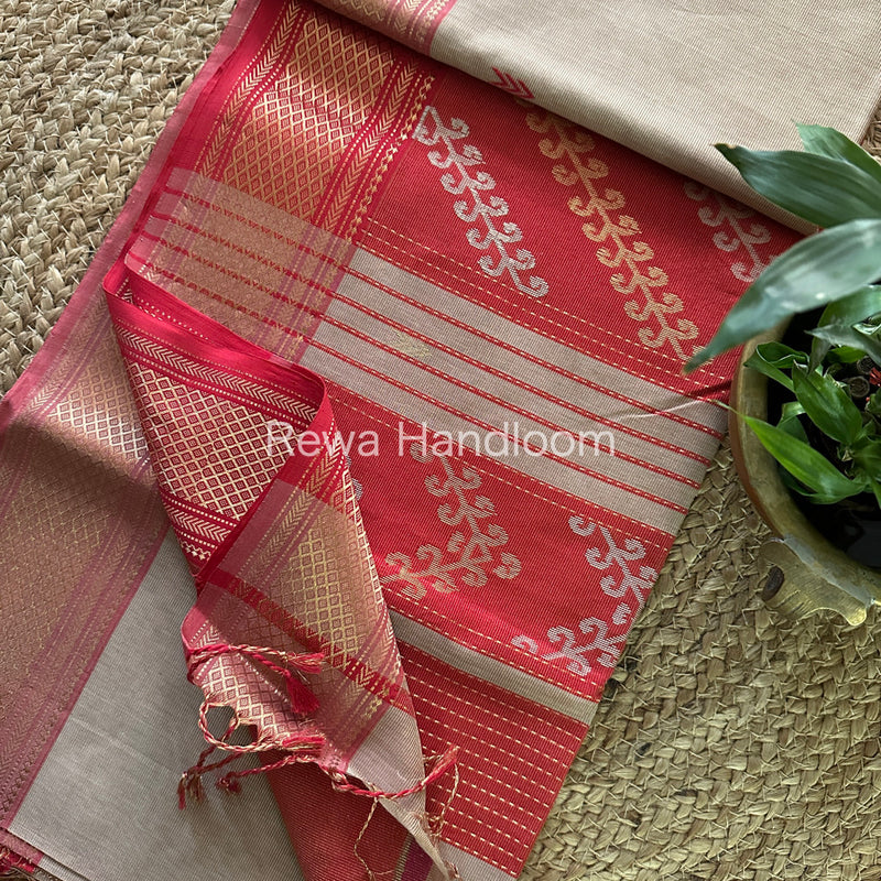 Maheshwari Beige Tissue Silk Saree-TBP04