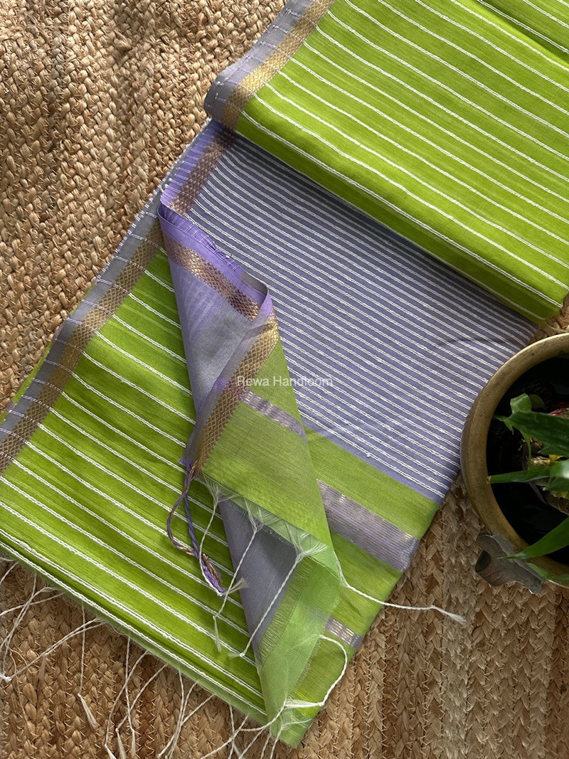 Maheshwari Parrot Green Gichha Thread Lining Saree GTLS036