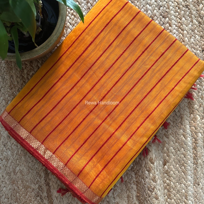Maheshwari Mustard Yellow Gichha Thread Lining Saree GTLS040
