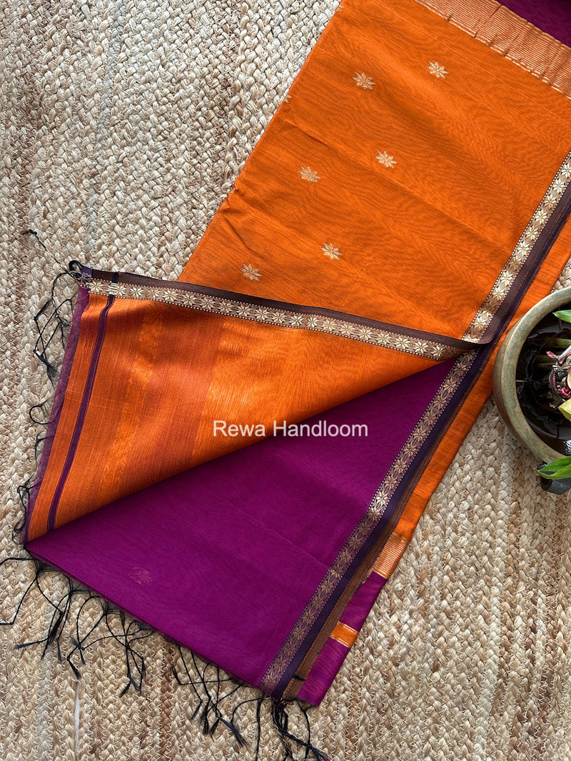 Dark Magenta Star Butti Maheshwari Saree SSB063 Rewa Handloom