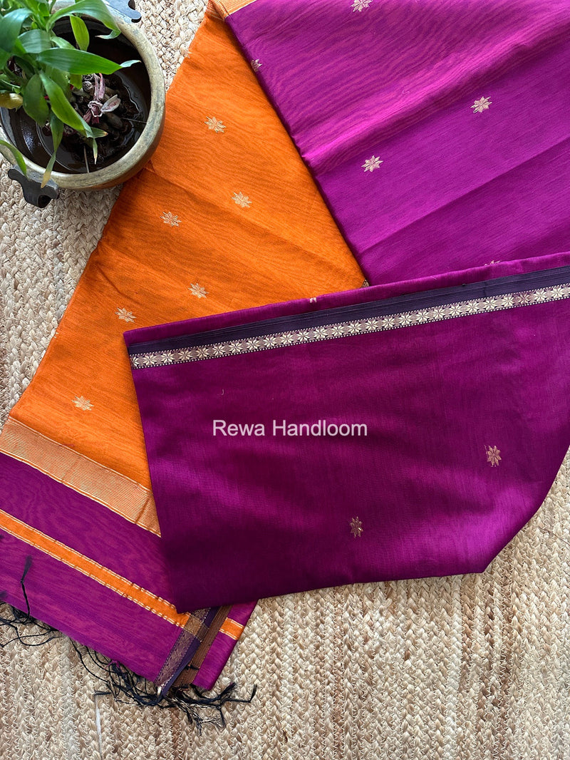 Dark Magenta Star Butti Maheshwari Saree SSB063 Rewa Handloom