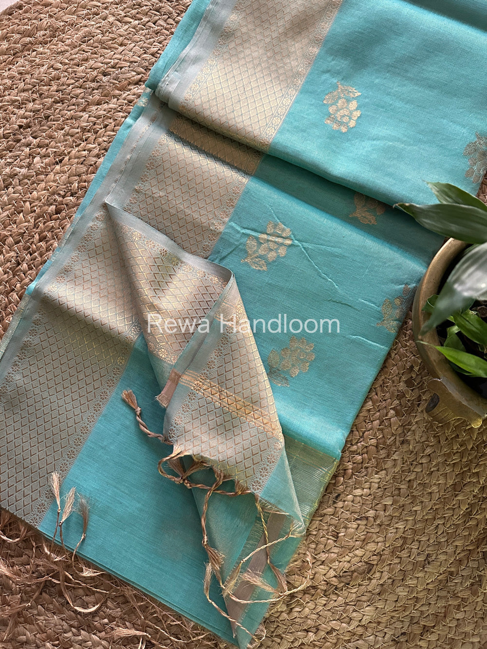 Maheshwari Sea Green Tissue Silk Saree-TFB08