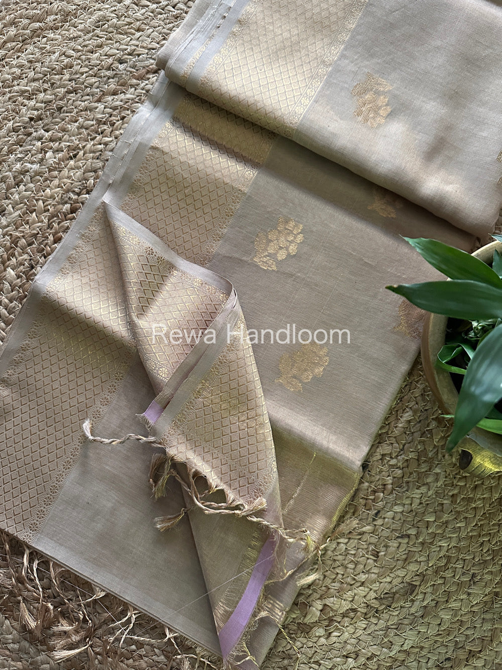 Maheshwari Beige Tissue Silk Saree-TFB014