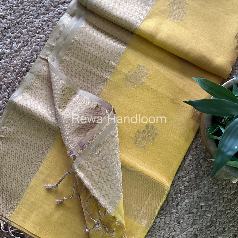 Maheshwari Light Yellow Tissue Silk Saree-TFB01