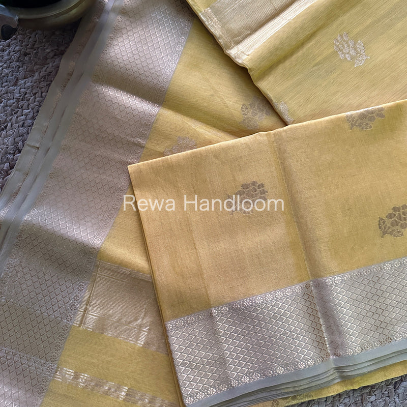 Maheshwari Light Yellow Tissue Silk Saree-TFB01
