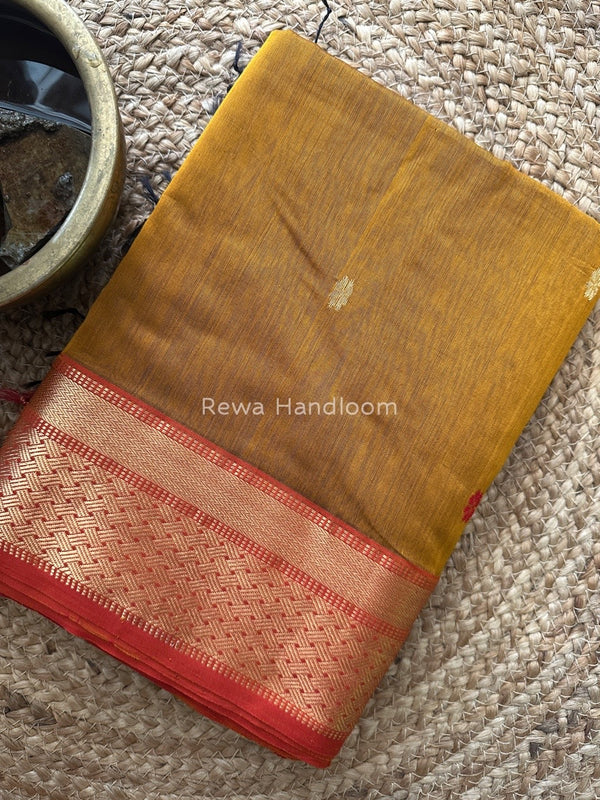 Mustard yellow Zari Butti Maheshwari Saree JBS053