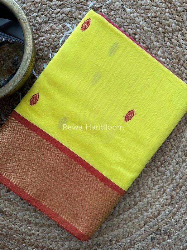 Lemon Yellow Zari Butti Maheshwari Saree JBS055