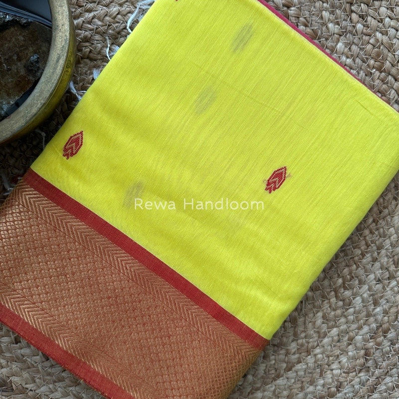 Lemon Yellow Zari Butti Maheshwari Saree JBS055