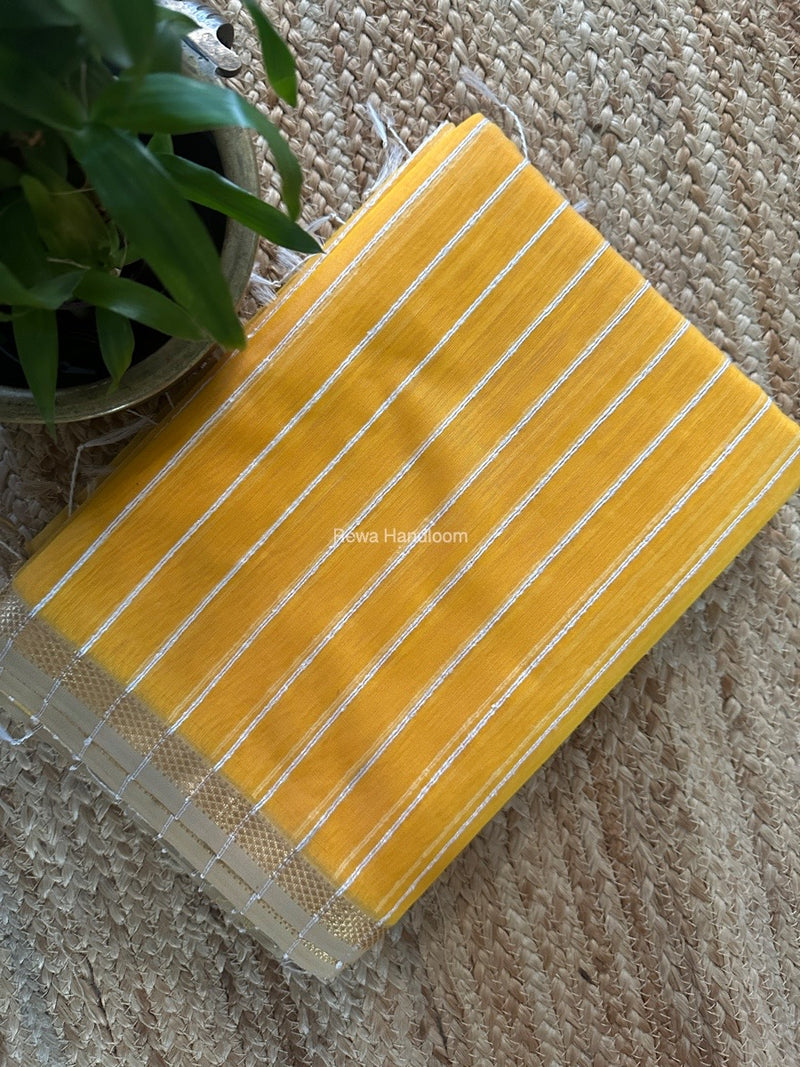 Maheshwari Mango Yellow Gichha Thread Lining Saree GTLS049
