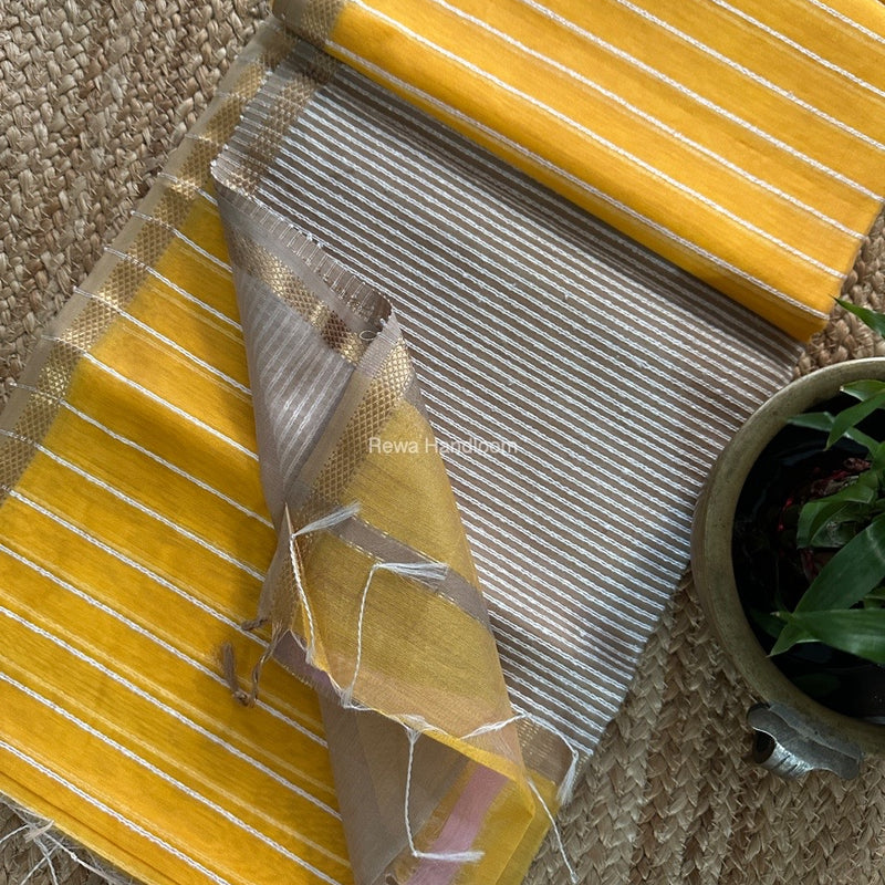 Maheshwari Mango Yellow Gichha Thread Lining Saree GTLS049